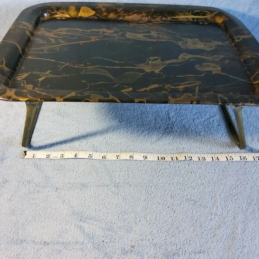 Vintage Metal TV Lap Tray Bed Breakfast Foldable Legs Black Gold Faux Marble